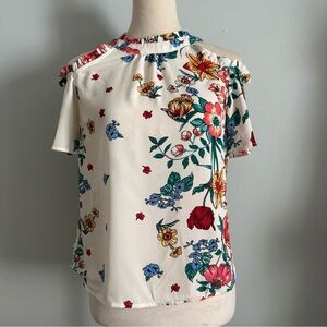 Monteau Siz SM Cream Flutter Short Sleeve Blouse with Green Floral Design